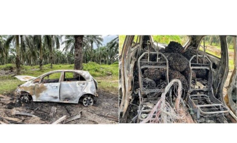 Suami isteri kempunan kereta terbakar selepas curi tandan sawit