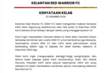 KENYATAAN Kelantan Red Warrior FC berhubung penggantungan Persatuan Bolasepak Kelantan (Kafa) oleh FAM. FOTO ihsan KRW