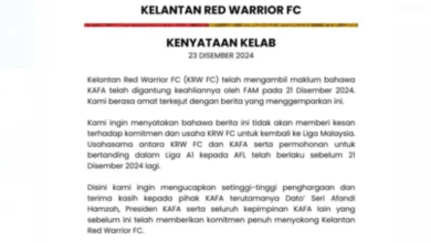 KENYATAAN Kelantan Red Warrior FC berhubung penggantungan Persatuan Bolasepak Kelantan (Kafa) oleh FAM. FOTO ihsan KRW