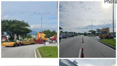 Seorang penunggang motosikal maut selepas merempuh treler yang membuat pusingan U di Jalan Persiaran Ros, Bukit Sentosa, petang semalam. - Foto ihsan Polis