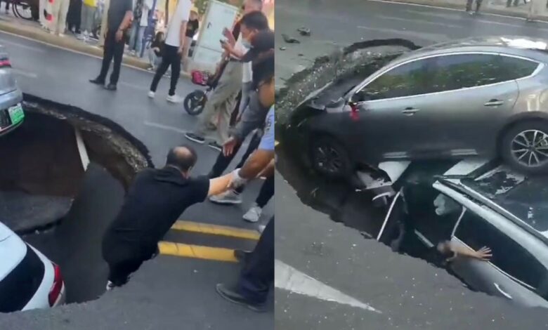 Kereta bertindih terperosok lubang benam