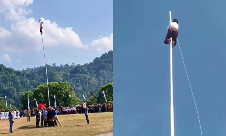 Budak 10 tahun panjat tiang betulkan bendera