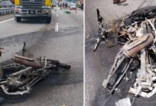 Lelaki maut nahas tiga kenderaan, motosikal hangus dijilat api