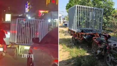 Motosikal bawa sangkar ‘kurung’ manusia