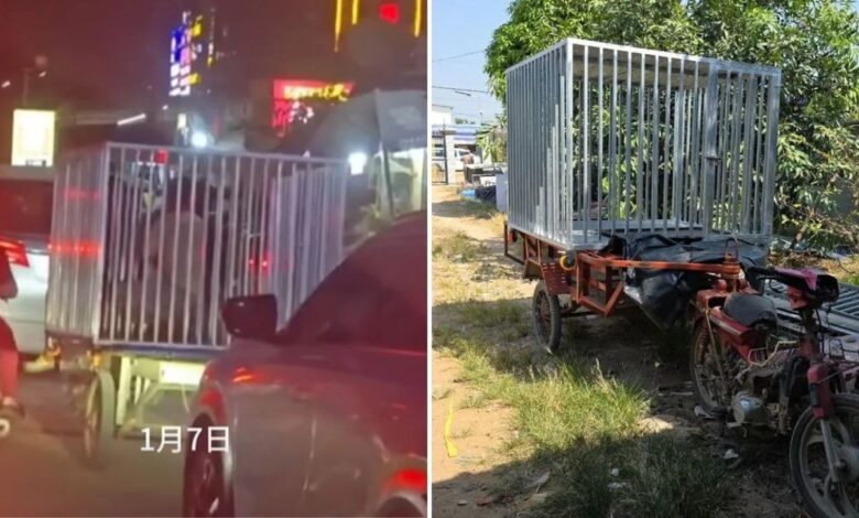 Motosikal bawa sangkar ‘kurung’ manusia