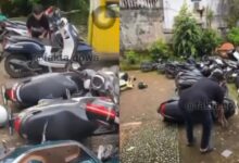 Parkir lagi depan rumah, motosikal diterbalikkan!
