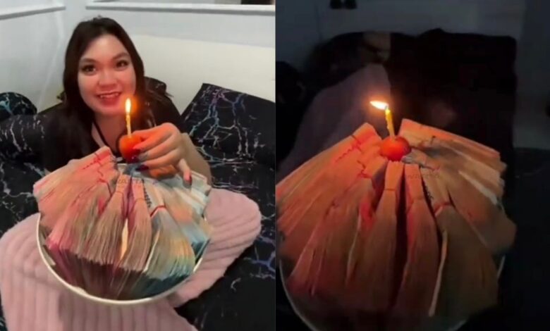 Isteri senyum lebar dapat sejambak wang ganti kek hari jadi