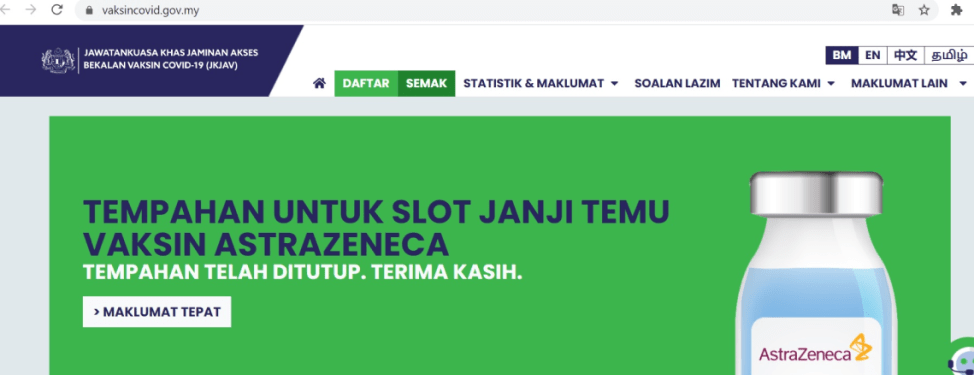 Astrazeneca slot vaksin tempahan untuk janji temu Pendaftaran 1