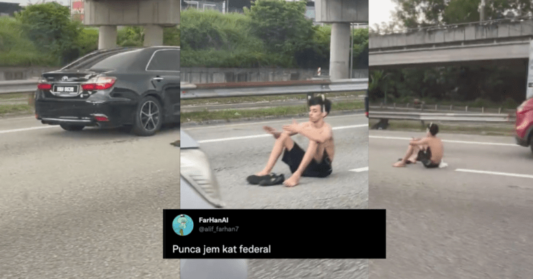 Lelaki Tak Berbaju Selamba Duduk Tengah Jalan Raya Curi Tumpuan Pengguna Jalanraya [VIDEO]