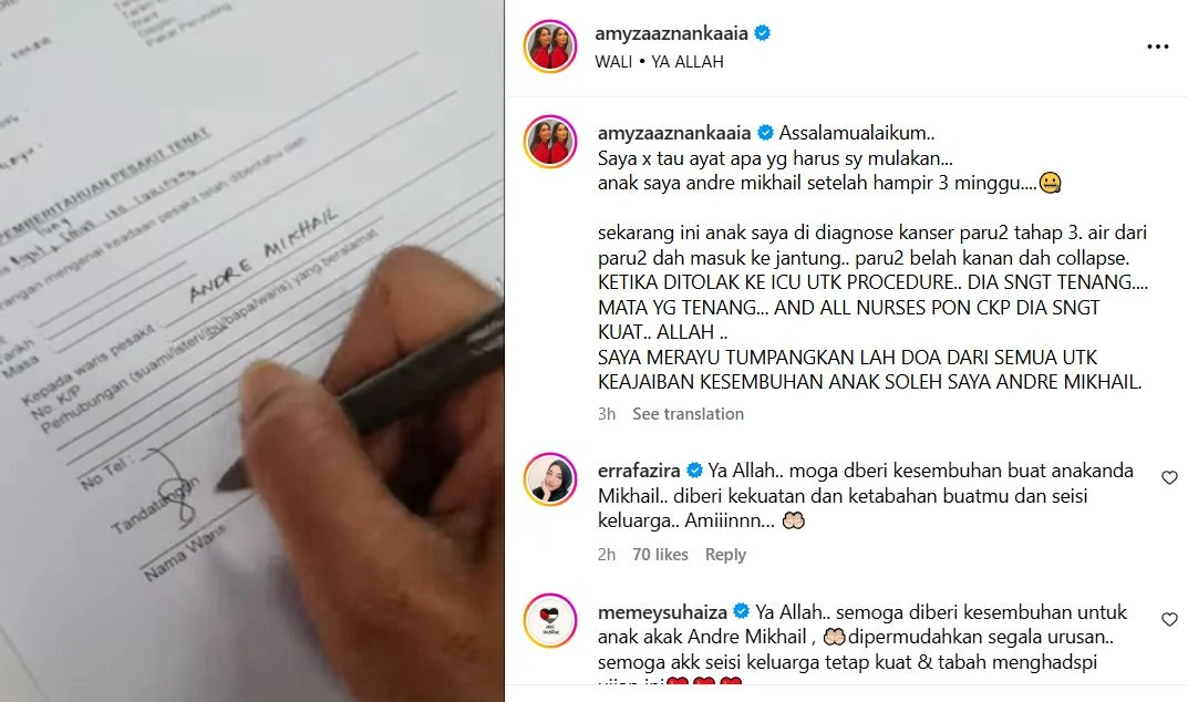 Anak Amyza Aznan Didiagnose Kanser Paru Paru Tahap 3