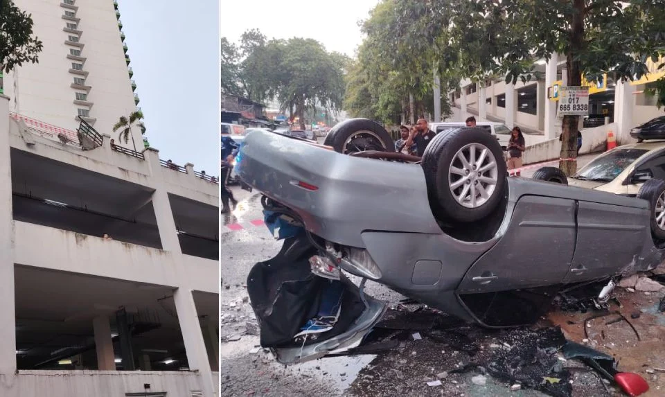 Pekerja kedai cuci kereta parah, kereta dipandu terjunam dari tingkat 3