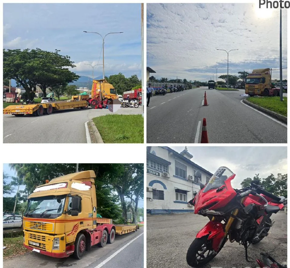 Seorang penunggang motosikal maut selepas merempuh treler yang membuat pusingan U di Jalan Persiaran Ros, Bukit Sentosa, petang semalam. - Foto ihsan Polis