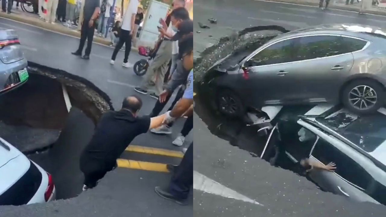 Kereta bertindih terperosok lubang benam