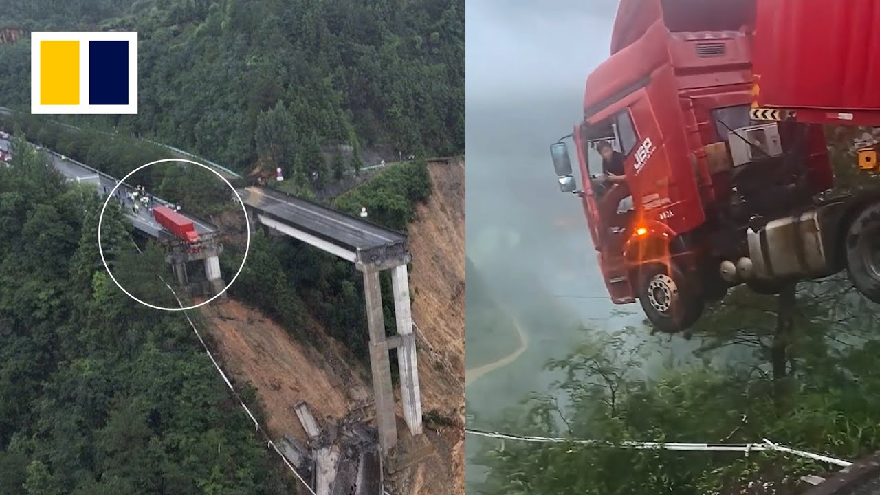 Treler tergantung di jambatan runtuh, pemandu tenang menanti bantuan
