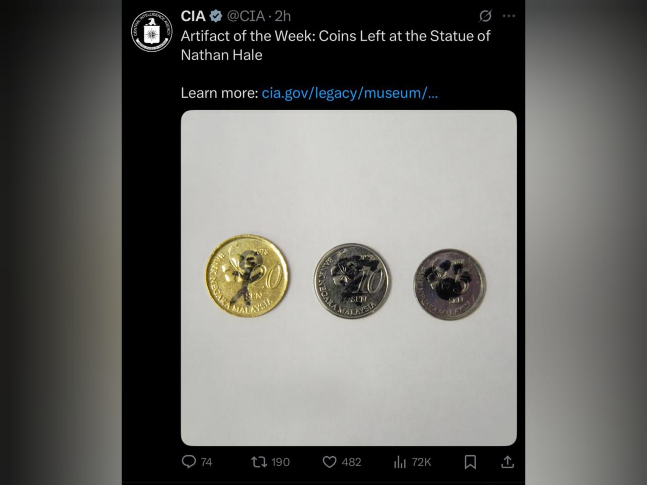 Apa motif CIA kongsi gambar 3 keping syiling Malaysia?
