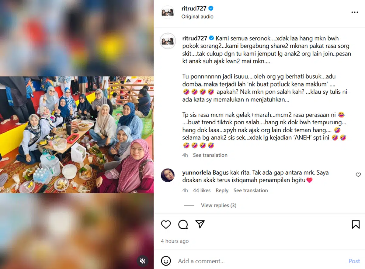 Rita Rudaini sindir ibu bapa ‘hati busuk’ selepas potluck sekolah anak jadi isu.