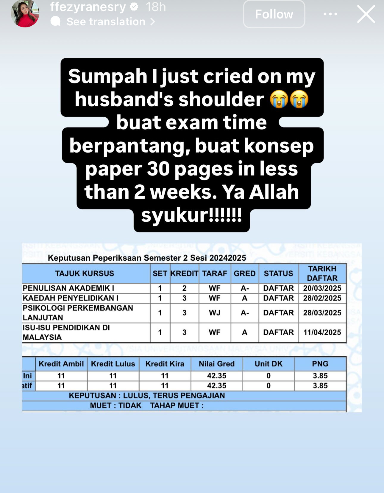 Isteri Fizo Omar Bersyukur Peroleh Keputusan Cemerlang Selepas Ambil Peperiksaan Ketika Berpantang
