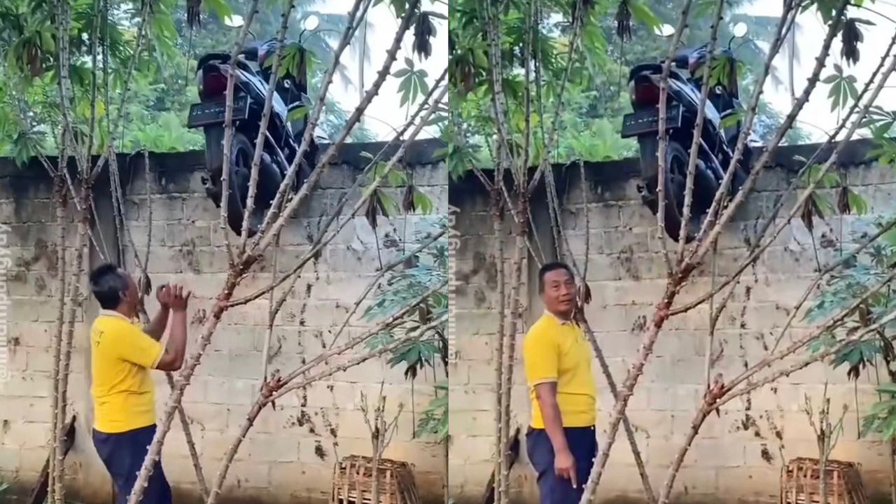 Siapa sangkut motosikal atas tembok?