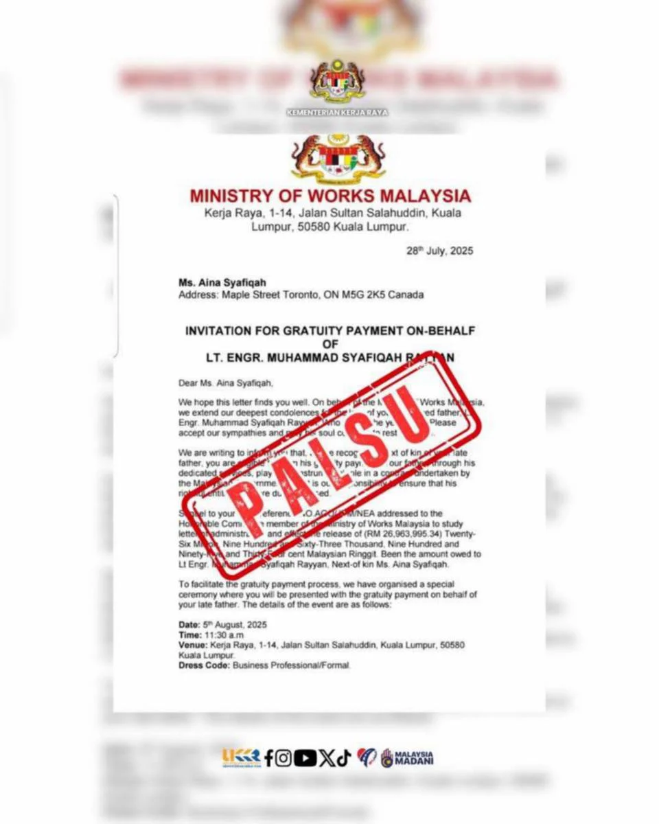 Menteri Kerja Raya nafi keluarkan surat bayaran gratuiti