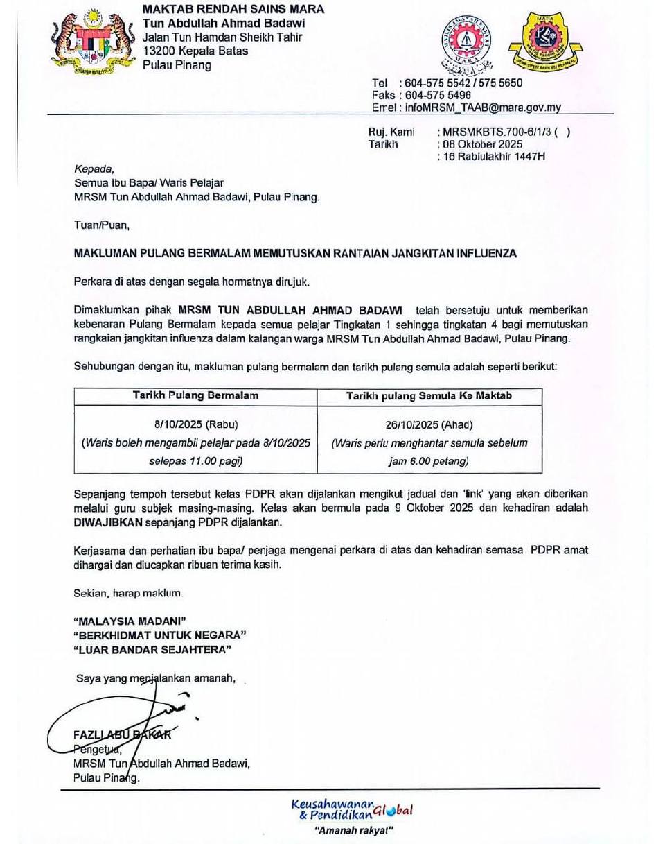 Jangkitan influenza: MRSM Tun Abdullah Ahmad Badawi benar pelajar pulang, ikuti PdPR