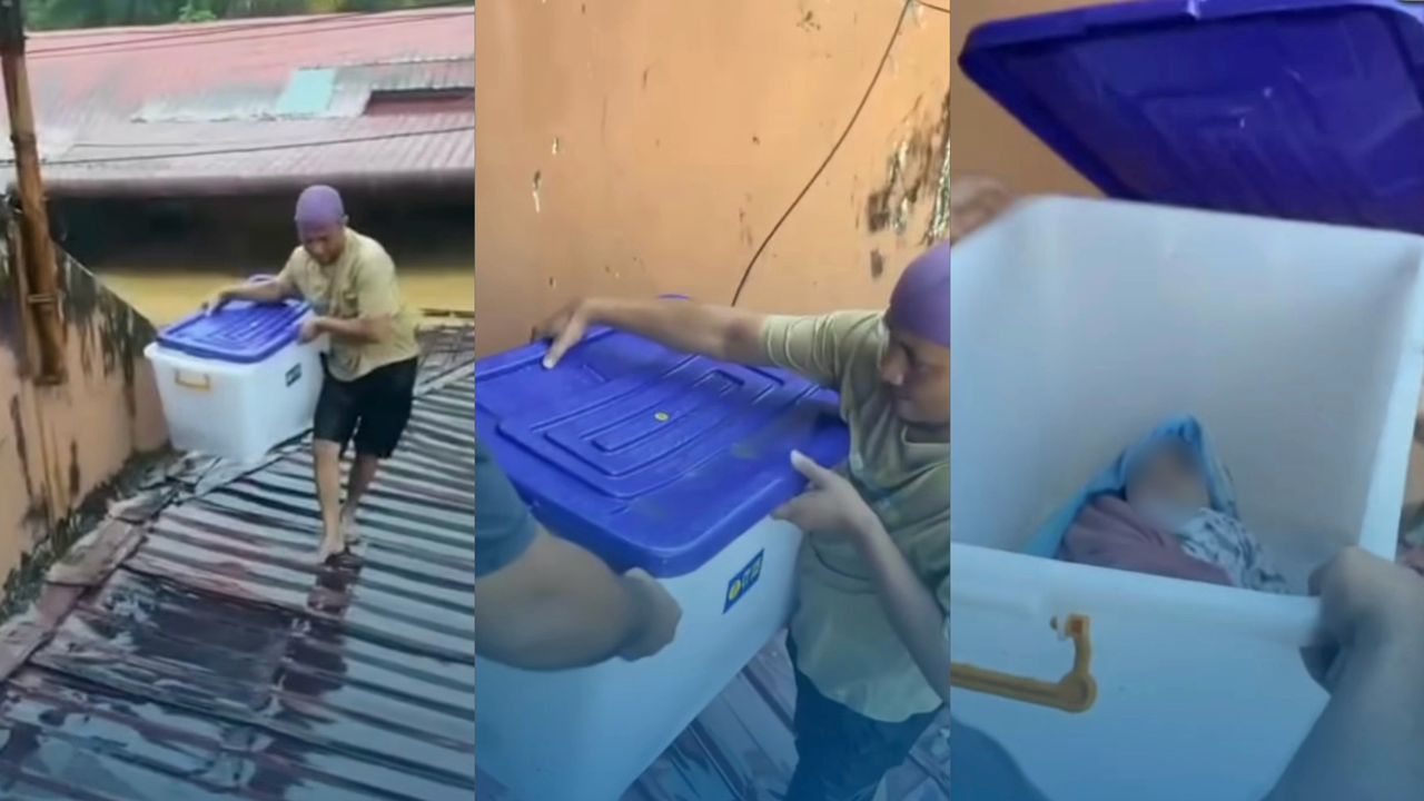 Penduduk letak bayi dalam kotak semasa banjir