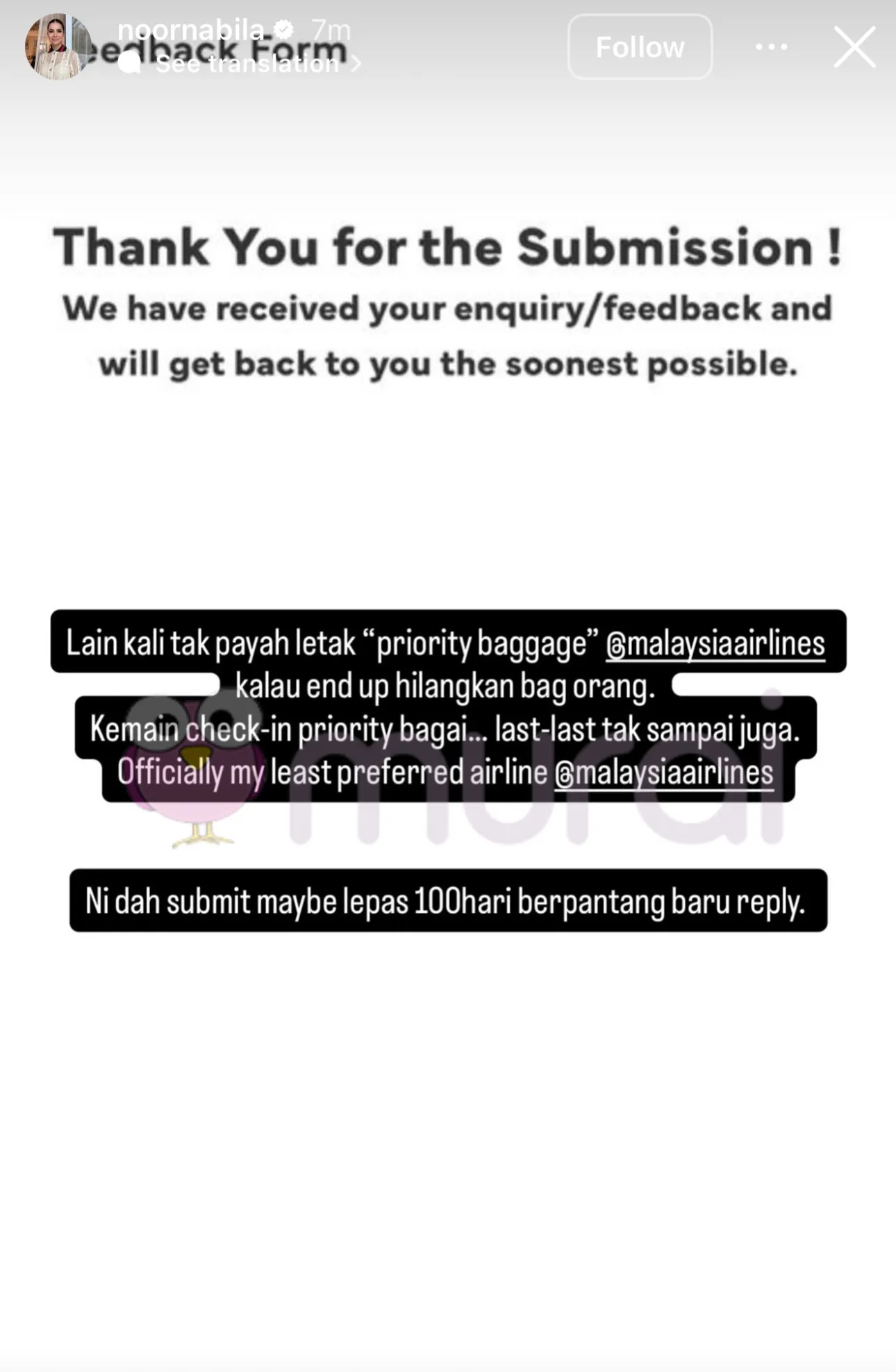 Noor Nabila Kesal Malaysia Airlines Menyebabkan Bagasinya Hilang