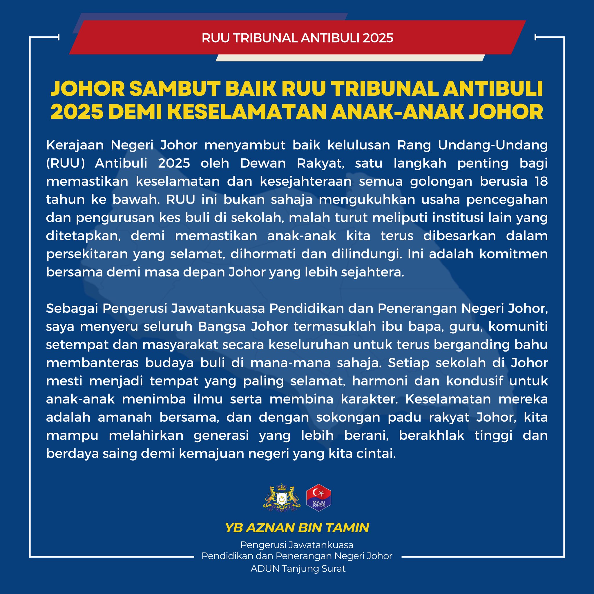 Johor Sambut Baik RUU Tribunal Antibuli 2025 Demi Keselamatan Anak-Anak