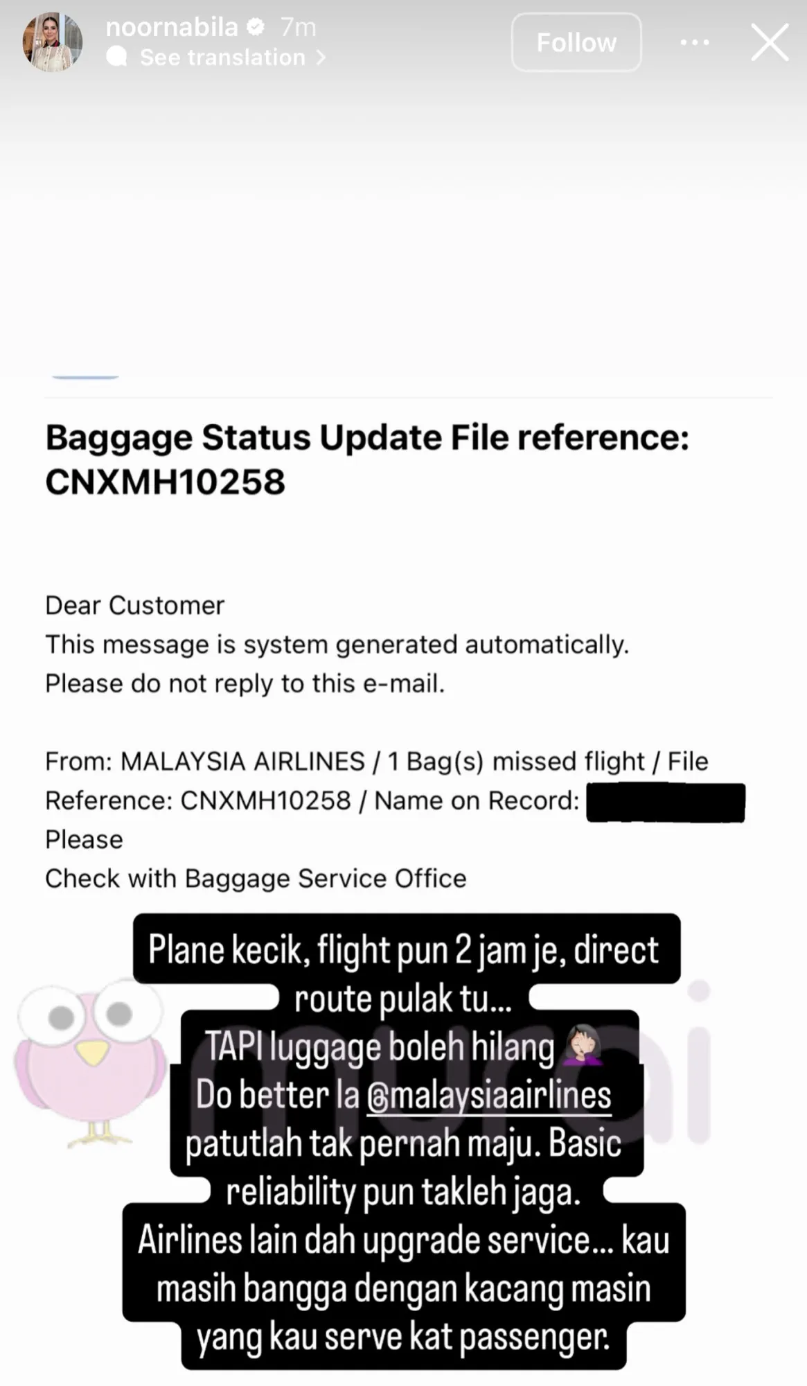 Noor Nabila Kesal Malaysia Airlines Menyebabkan Bagasinya Hilang