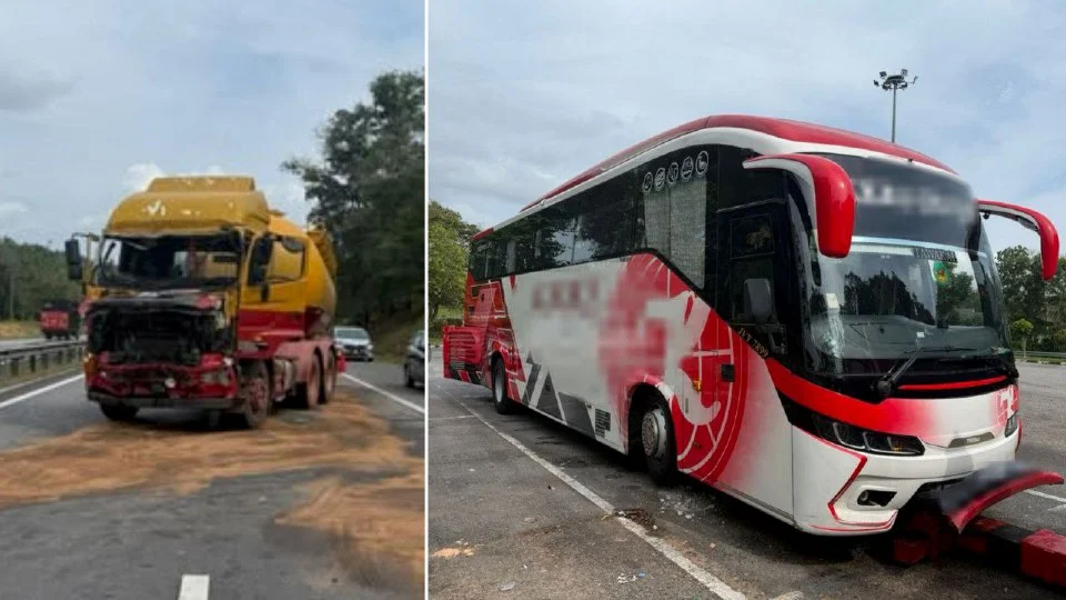 2 pemandu cedera, 10 penumpang bas terselamat kemalangan di Lebuh Raya Utara Selatan berhampiran Jasin