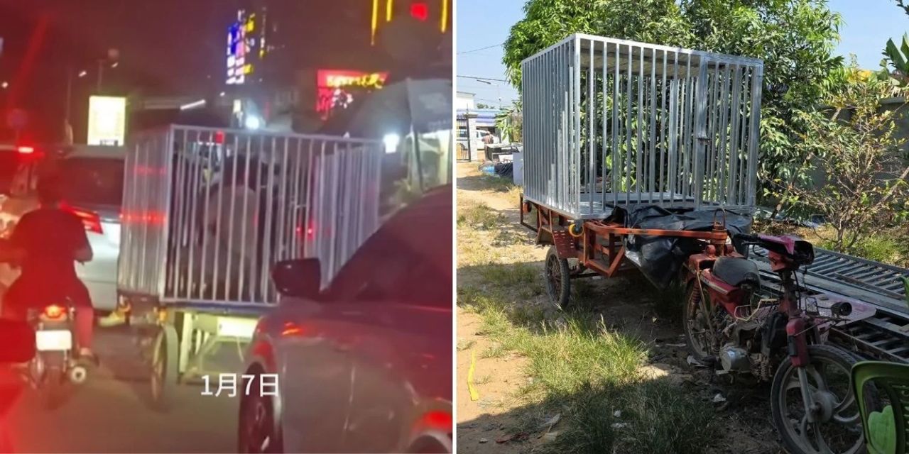 Motosikal bawa sangkar ‘kurung’ manusia