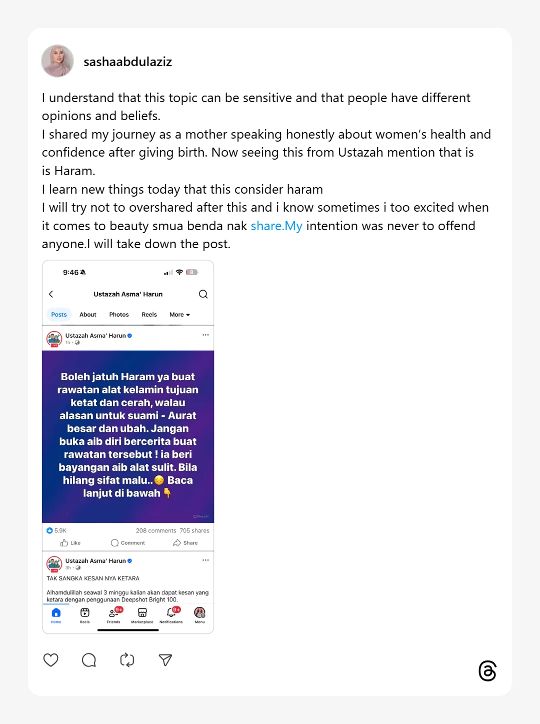 Sasha Aziz Terima Teguran Ustazah Perjelas Hukum Jalani Rawatan Ketatkan Alat Sulit