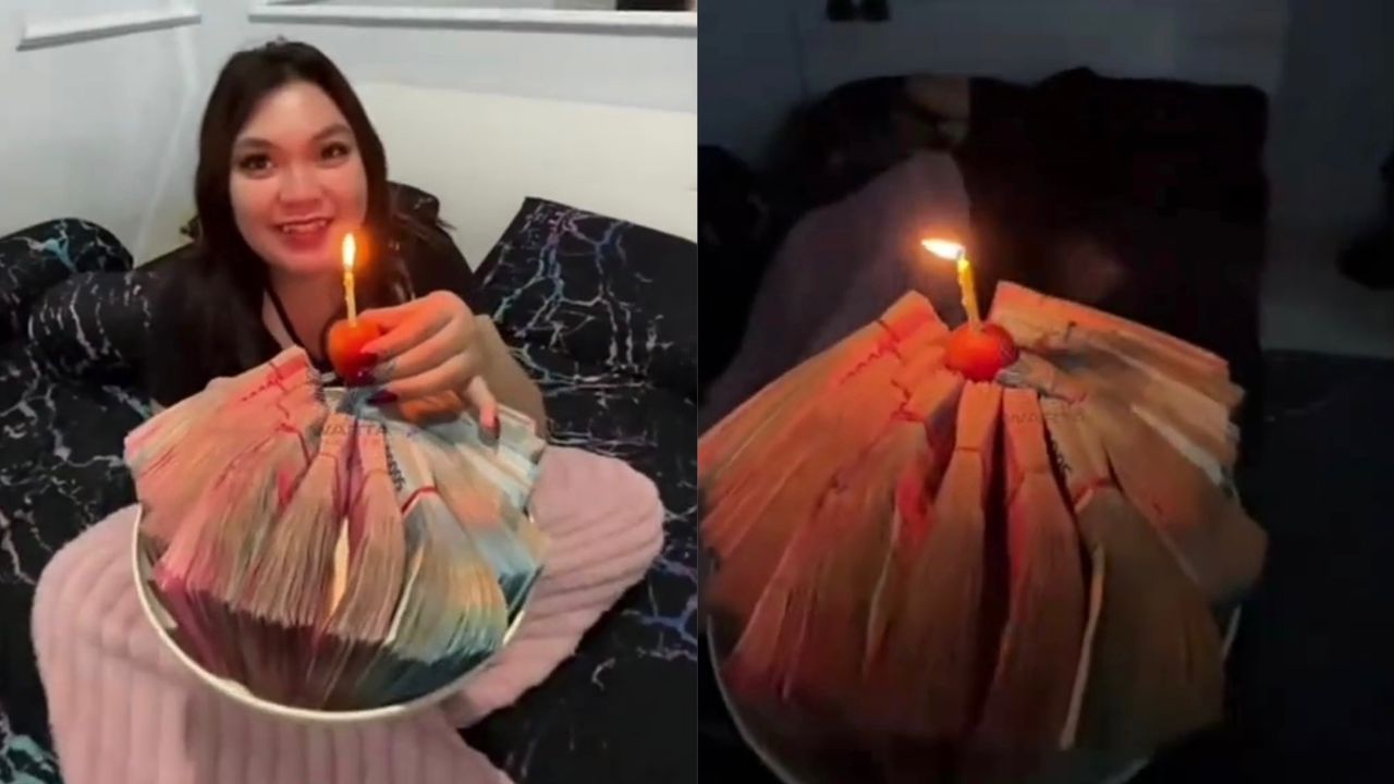 Isteri senyum lebar dapat sejambak wang ganti kek hari jadi