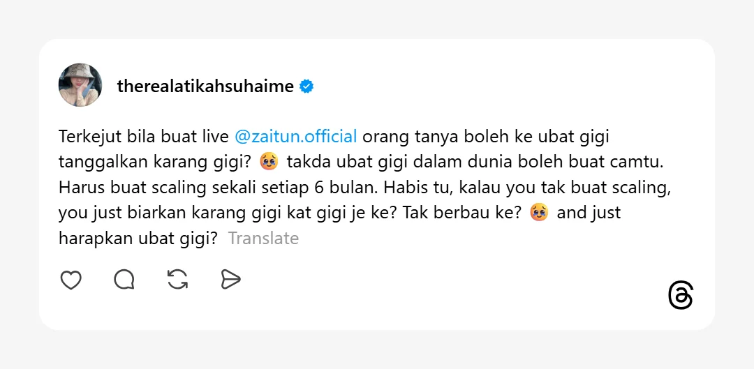 Atikah Suhaime Terkejut Disoal Netizen Adakah Ubat Gigi Boleh Hilangkan Karang Gigi