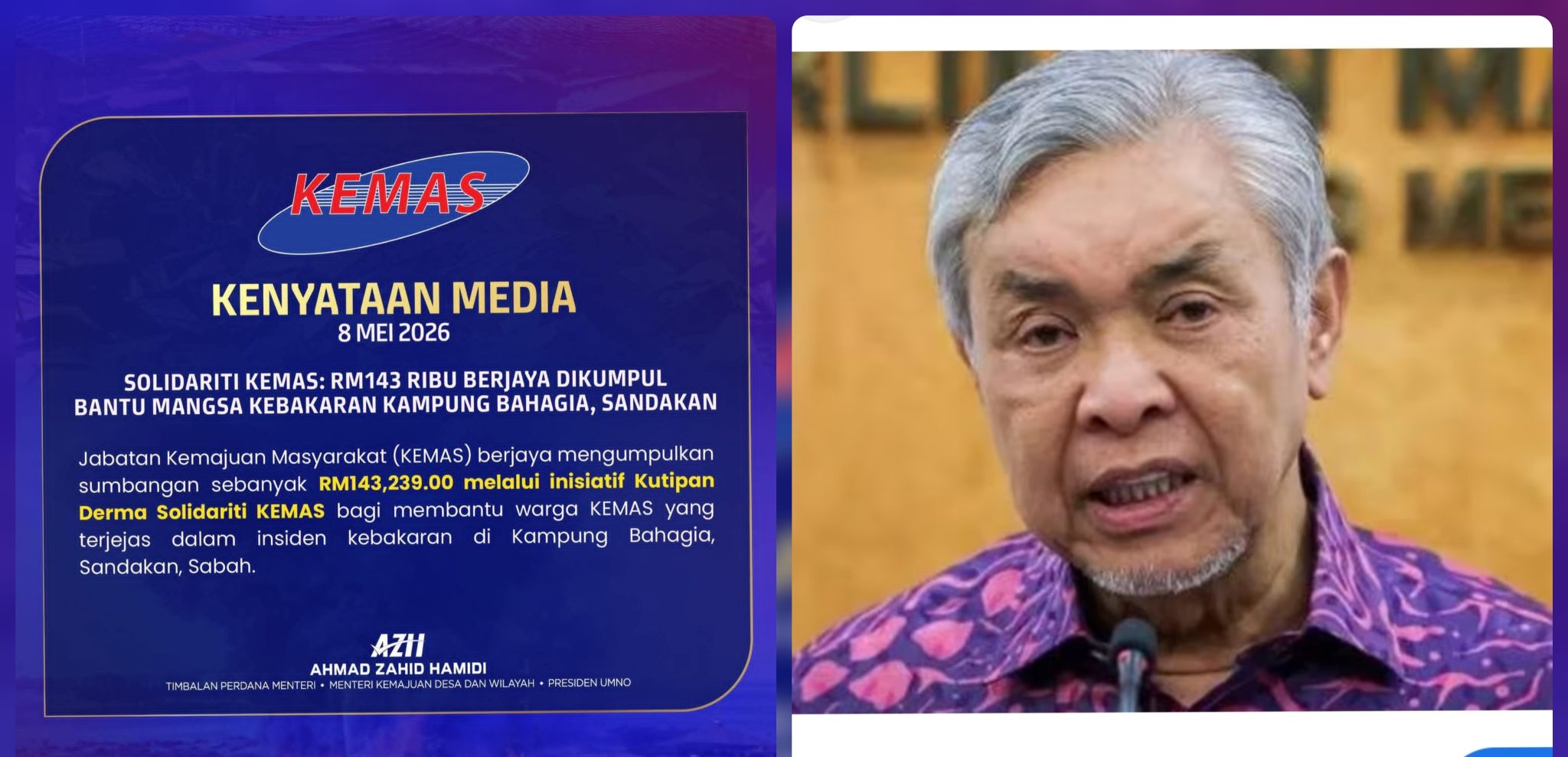 Solidariti Warga KEMAS: RM143,239 Dikumpul Bantu Mangsa Kebakaran Kampung Bahagia