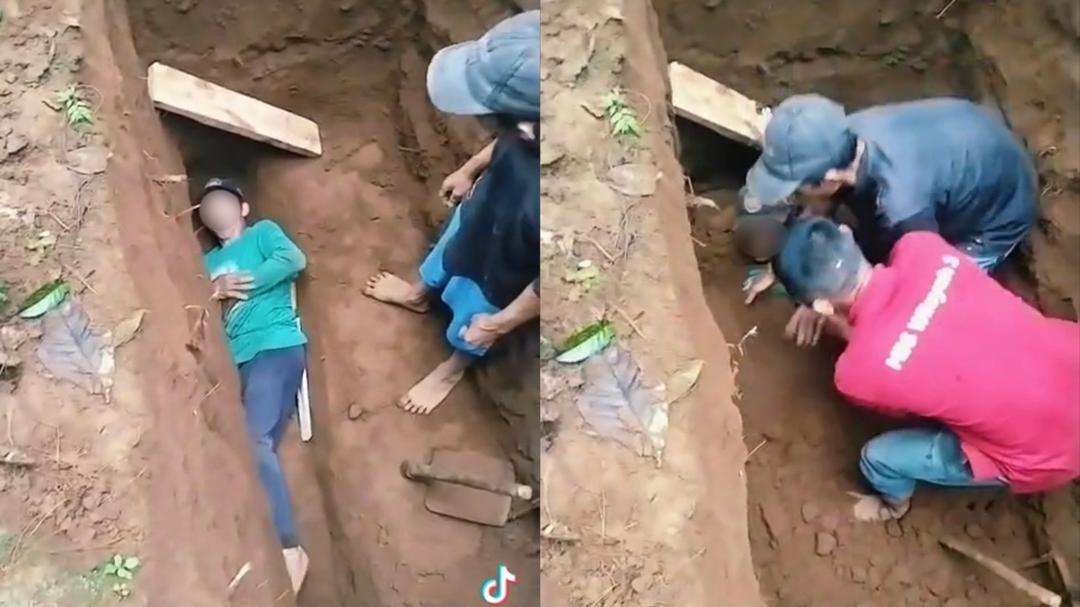 Penggali kubur bergurau jadi jenazah, tertimbus tanah