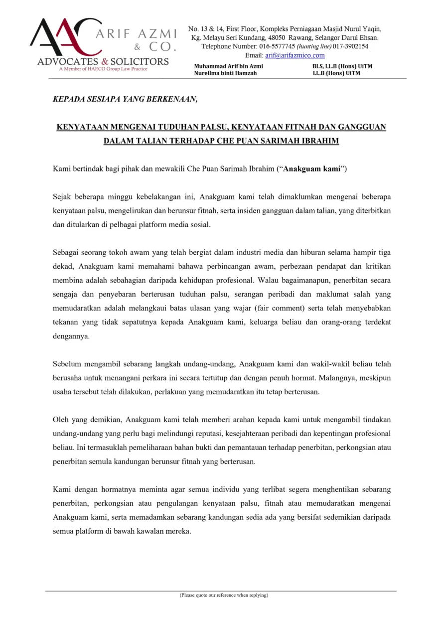 Sarimah Ibrahim Tuntut Keadilan Isu Fitnah