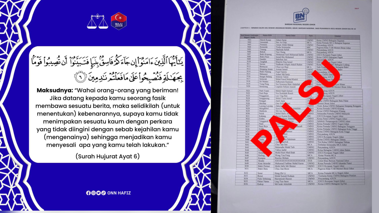 PRN Johor: Onn Hafiz Tegaskan Senarai Calon Tular Adalah Palsu