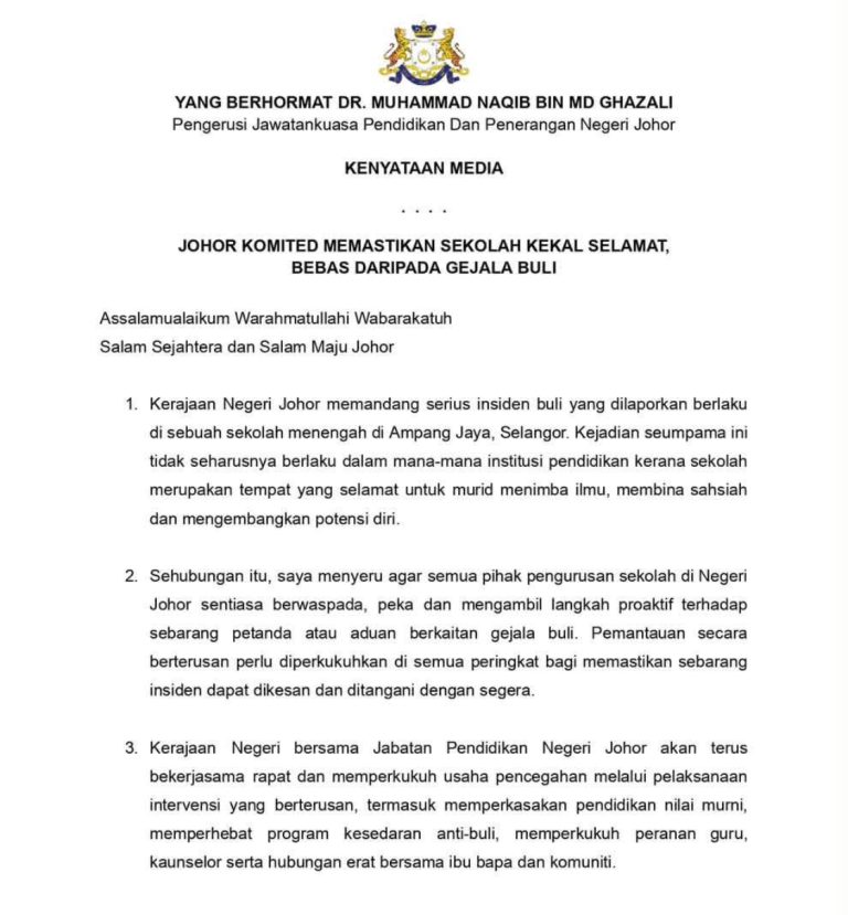 Johor Komited Pastikan Sekolah Kekal Selamat, Bebas Gejala Buli