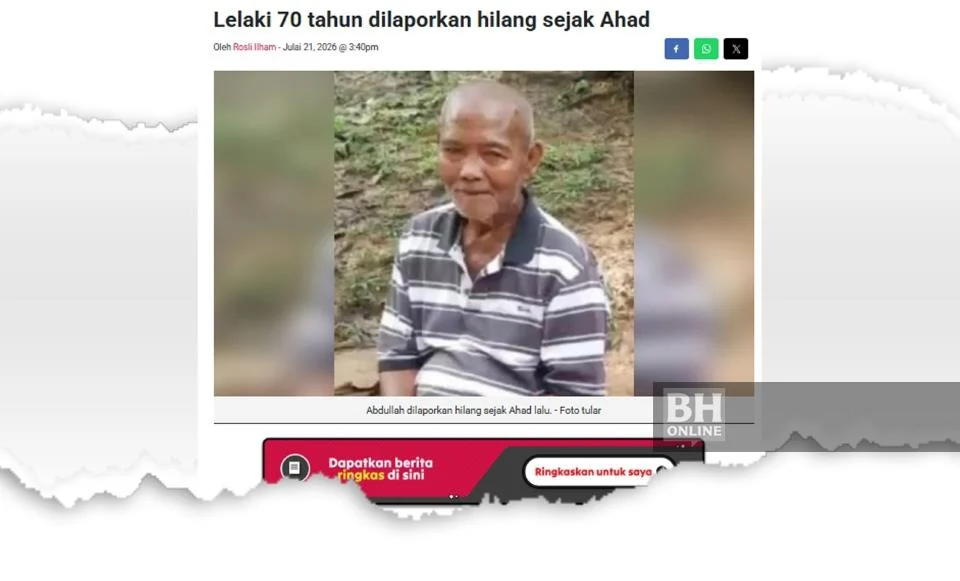 Hilang sejak Ahad, warga emas ditemui maut di kawasan paya