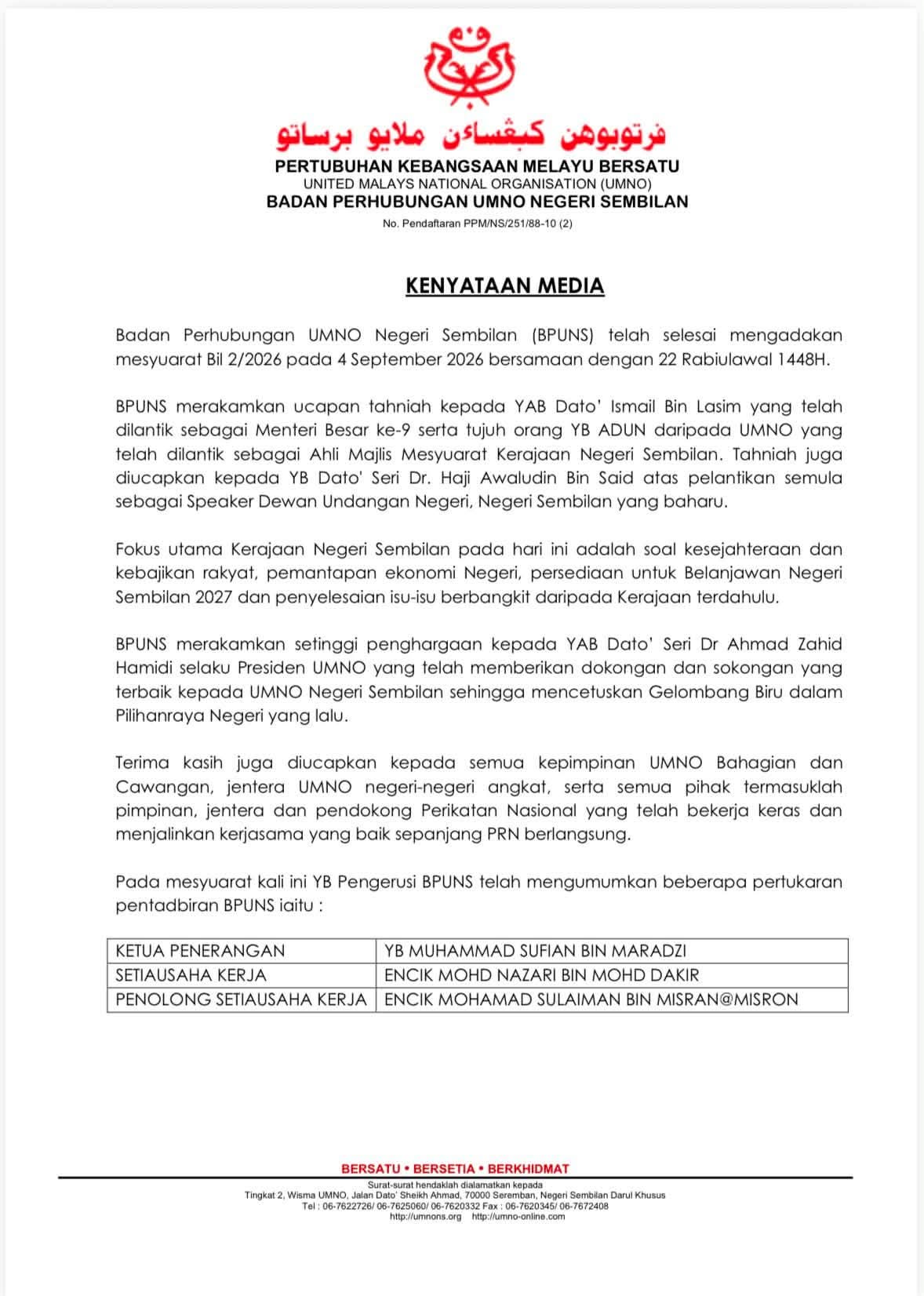 UMNO N. Sembilan Bergerak Seiring Kerajaan Negeri, Fokus Kesejahteraan Rakyat