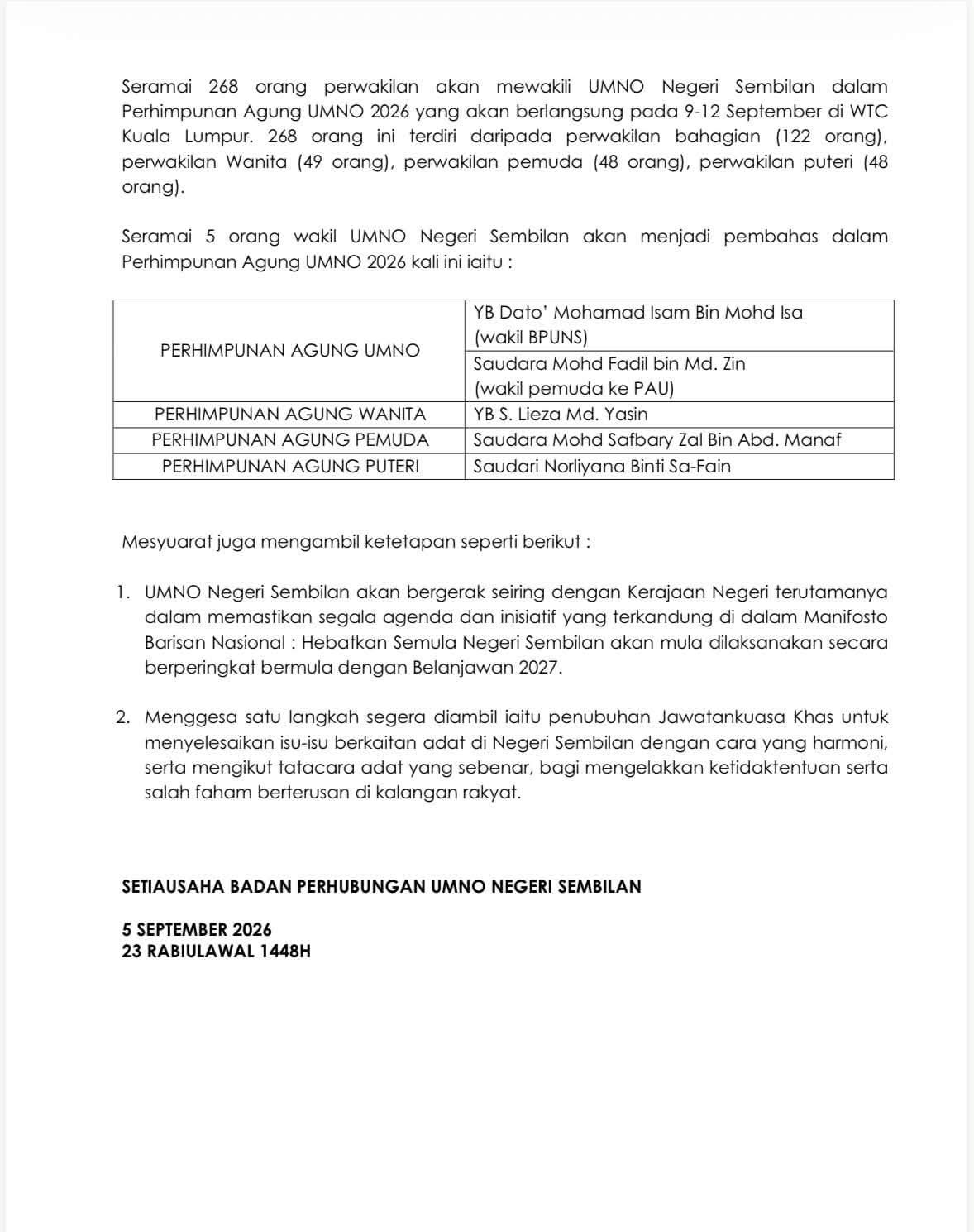 UMNO N. Sembilan Bergerak Seiring Kerajaan Negeri, Fokus Kesejahteraan Rakyat