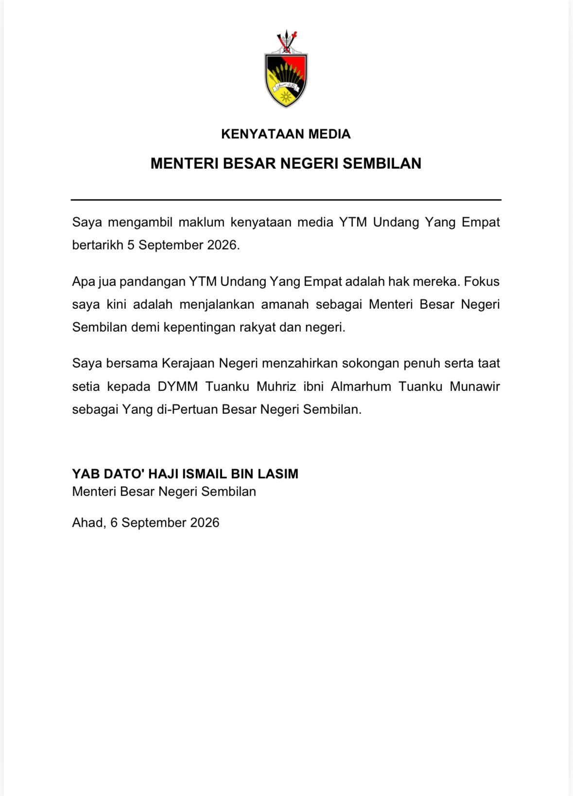 Ismail Lasim Fokus Tadbir Negeri Sembilan, Junjung Taat Setia Kepada Tuanku Muhriz