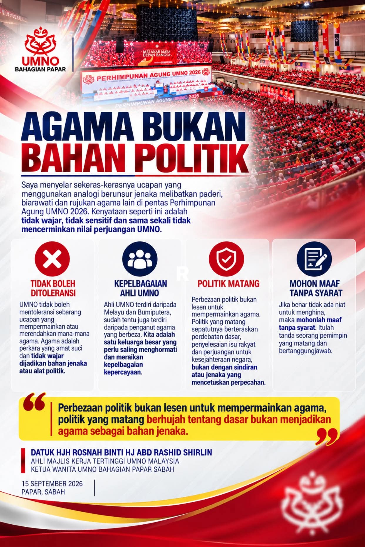 Jangan Jadikan Agama Bahan Jenaka Politik – Rosnah