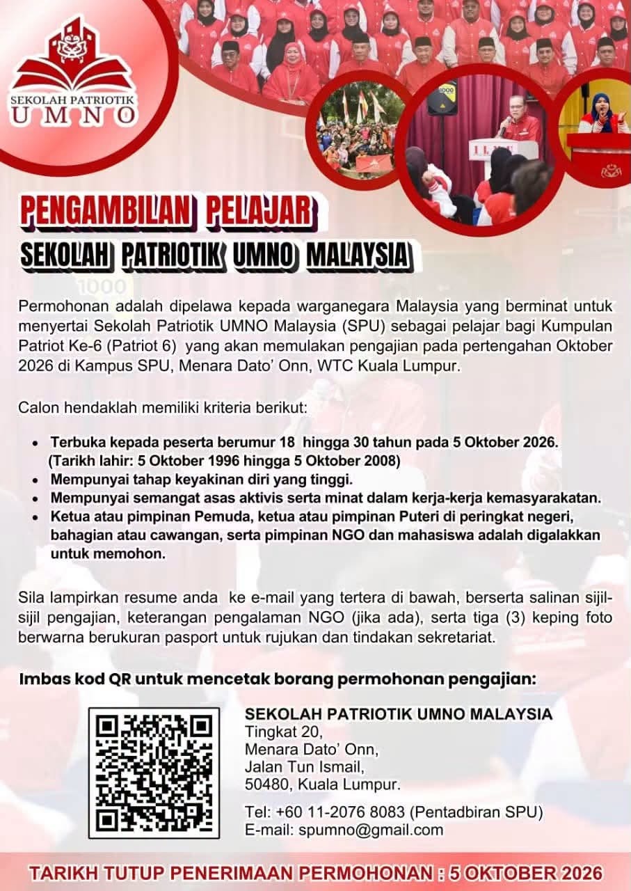 Sertai Patriot 6! Sekolah Patriotik UMNO Malaysia Buka Permohonan
