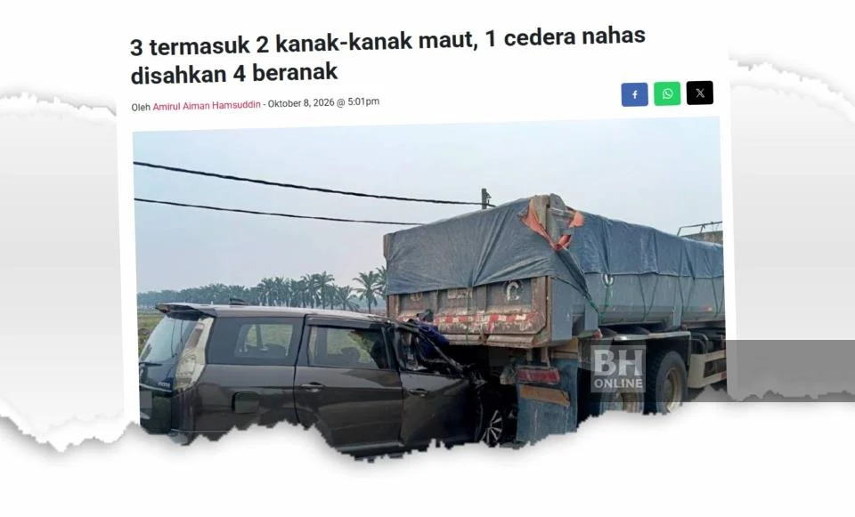 3 beranak maut: SUV rempuh lori berhenti di bahu jalan sebab tayar pecah